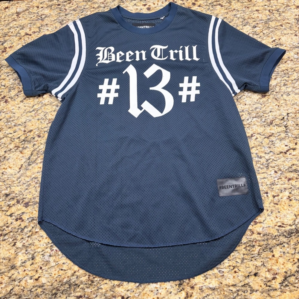 Been Trill Mens Navy Blue Mesh Jersey Shirt #13 Hashtag Streetwear Size M ws
